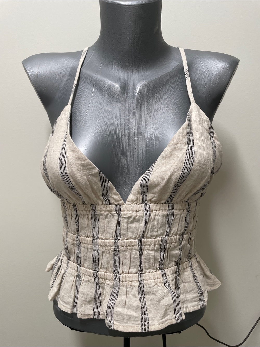 Beige Striped Smocked Peplum Cami Top - Women